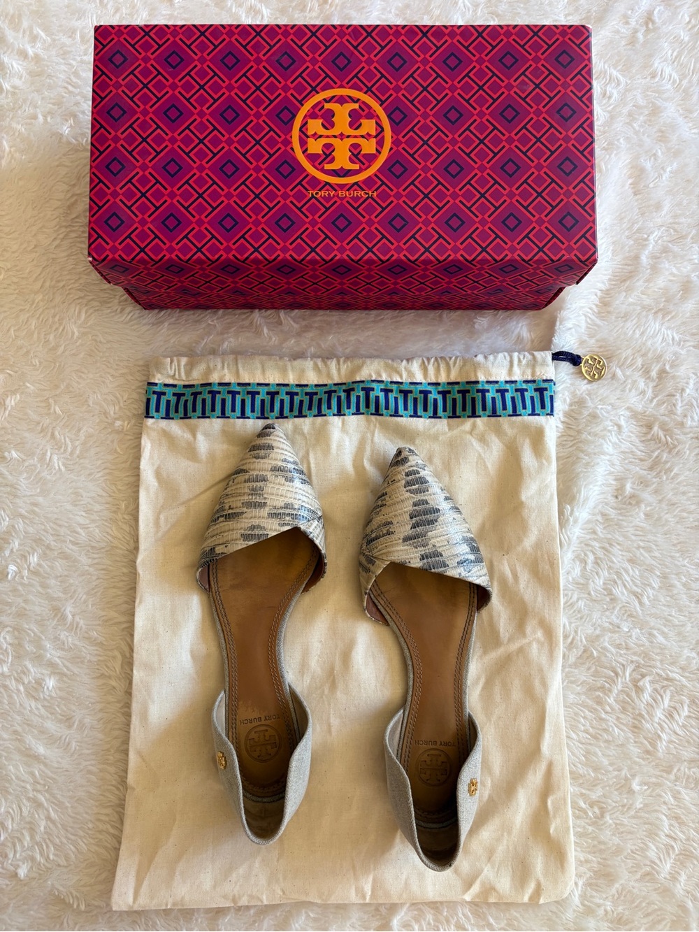 Tory Burch Pointed D'Orsay Flats in Neutral Snake-Effect